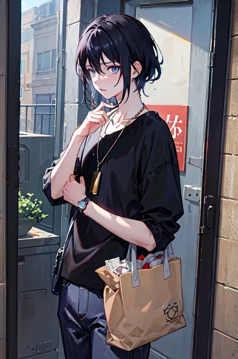 1boy, apple, bag, bangs, berry, black hair, black shirt, blue eyes, hair between eyes, jewelry, leaf, looking at viewer, male focus, necklace, pants, shirt, solo, watch, white pants, wristwatch, messy hair, trending on artstation, 8k resolution, highly det...