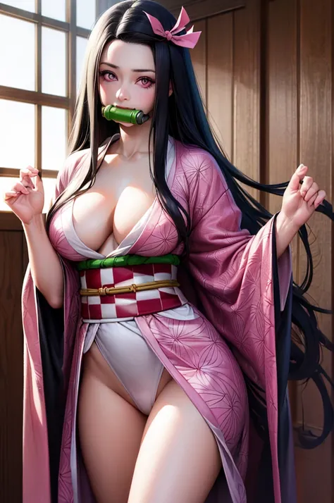 masterpiece, best quality, highly detailed, ultra high res, (photorealistic:1.8), unreal_engine, photograph, realistic_skin_texture, nezuko, kamado nezuko, 1girl, solo, long hair, black hair, pink eyes, multicolored hair, hair ribbon, (bamboo gag, bite gag...