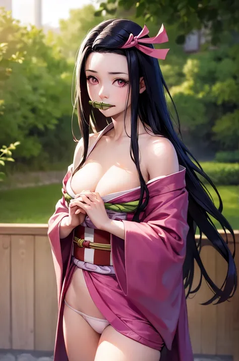 masterpiece, best quality, highly detailed, ultra high res, (photorealistic:1.8), unreal_engine, photograph, realistic_skin_texture, nezuko, kamado nezuko, 1girl, solo, long hair, black hair, pink eyes, multicolored hair, hair ribbon, (bamboo gag, bite gag...