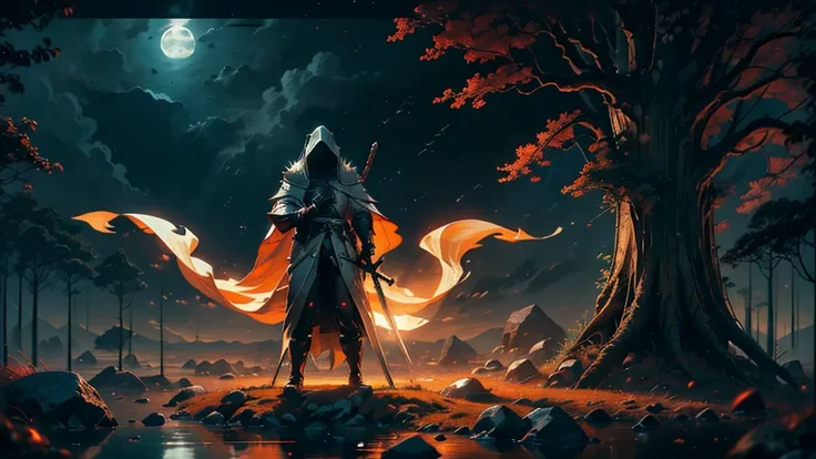 (Best Quality,ultra detailed), artificial raindrops falling, a man Fighting with dragons using sword, white hair, dense forest lake,majestic and serene nature, shining brightly in the night sky,black medieval outfit with fluorescent red stripes that glow i...