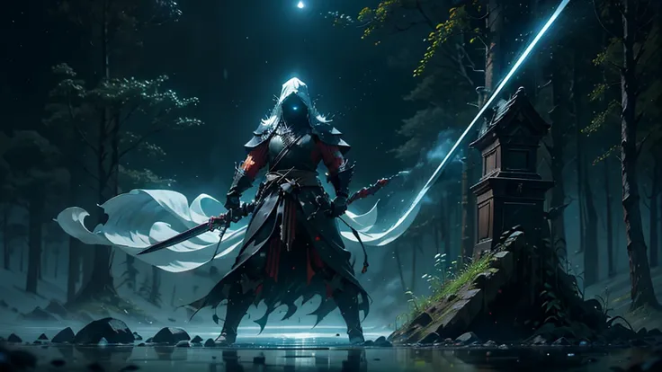 (Best Quality,ultra detailed), artificial raindrops falling, a man Fighting with dragons using sword, white hair, dense forest lake,majestic and serene nature, shining brightly in the night sky,black medieval outfit with fluorescent red stripes that glow i...