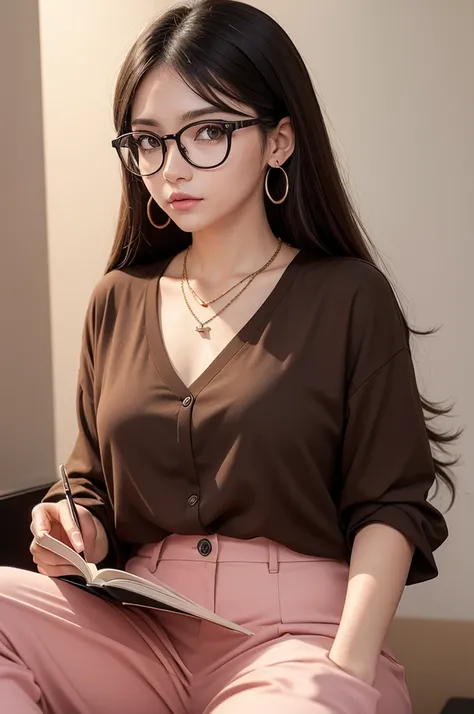 Create a 22 year old mascot with light brown skin,black hair with blonde highlights,dark brown eyes,outlined,耳环,necklace glasses,pink blouse and pants,sitting writing or reading.