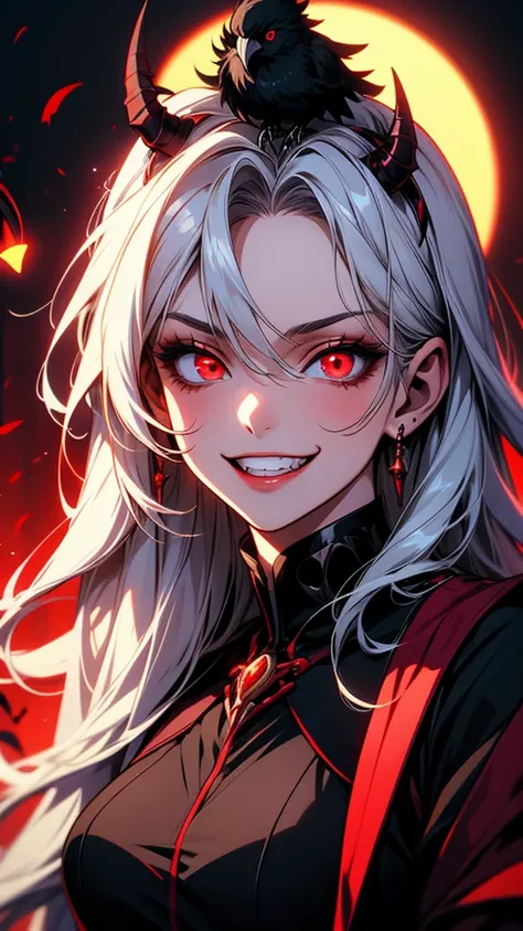 anime girl with red eyes and a black bird on her head, kawacy, ahegao, demon anime girl, evil smile and glowing eyes, anime monster girl, ahegao face, [[[[grinning evily]]]], evil smile, evil grin, gapmoe yandere grimdark, portrait gapmoe yandere grimdark