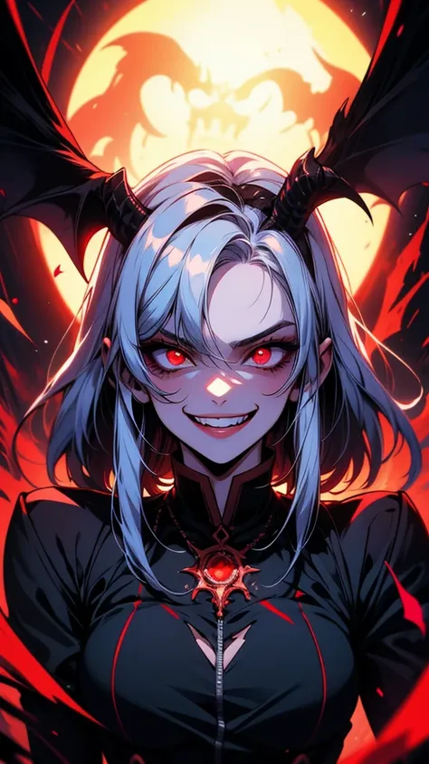 anime girl with red eyes and a black bird on her head, kawacy, ahegao, demon anime girl, evil smile and glowing eyes, anime monster girl, ahegao face, [[[[grinning evily]]]], evil smile, evil grin, gapmoe yandere grimdark, portrait gapmoe yandere grimdark