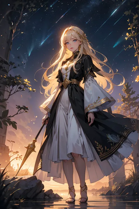 (((masterpiece, highest quality, 8k)))A stunning artwork of a majestic female character standing in an enchanting, mystical landscape. The full-body view showcases her in stylish and unique clothes of gold and purple, exuding an aura of elegance and power....