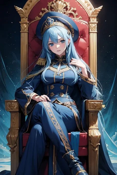 a beautiful woman who is not cute is seductive with the face in the reference image, sitting on an ornate throne chair, wearing a Prusian blue military uniform, details on clothing in highly detailed aquamarine color, 8K, Masterpiece artwork, cinematic lig...