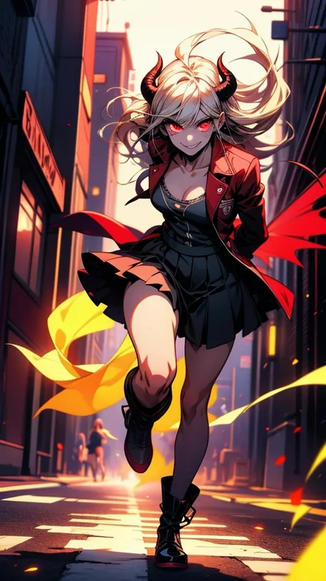 Anime girl with horns and glowing eyes running down the street, With glowing eyes, Wicked smile and glowing eyes, Devil Anime Girl, 赤くWith glowing eyes, Danganronpa digital art, Devil Girl, [[[[smile wickedly]]]], Red eyes glow, everyone, Spectacular anime...