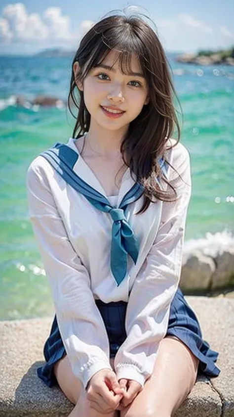 (((sunny day、Japanese 、Beach、A strong wind is blowing、Her hair and skirt are flying、Crouch down, Scooping up seawater and spreading your hands、Traditional navy blue sailor uniform、White blouse、Pleated skirt、Playing in sea water:1.25、splash、Pour water on th...