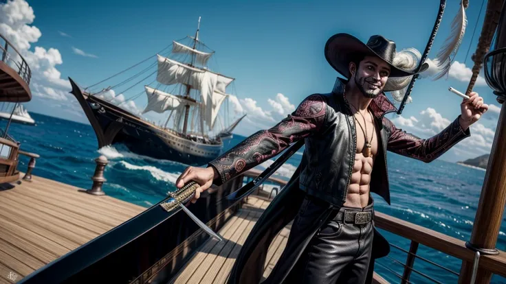 masterpiece, best quality, extremely detailed, hyperrealistic, photorealistic, a cool 40s man, ultra detailed face:1.3, black hat with feathers, on detailed yacht, sea, laughing, standing, holding long black sword, dynamic pose
