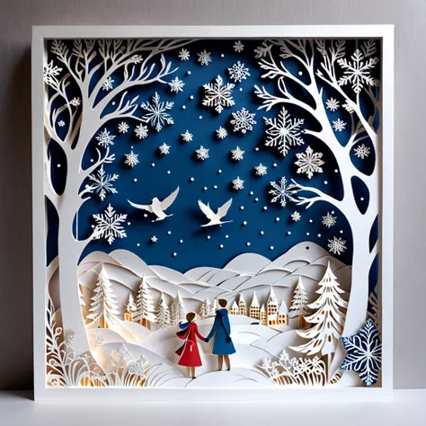 Create a detailed paper cutout artwork depicting a scene that combines snow with intricate patterns. The scene should include delicate snowflakes falling gently, each flake featuring unique and elaborate patterns. The background should incorporate swirling...