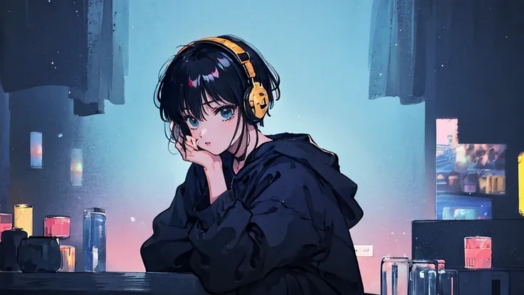 Black short Hair, Black Clothing, One Adult Woman Looking Sideways ,Blue headphones、 Delicate background、Masterpiece、night、dark、Nostalgic、レトロ