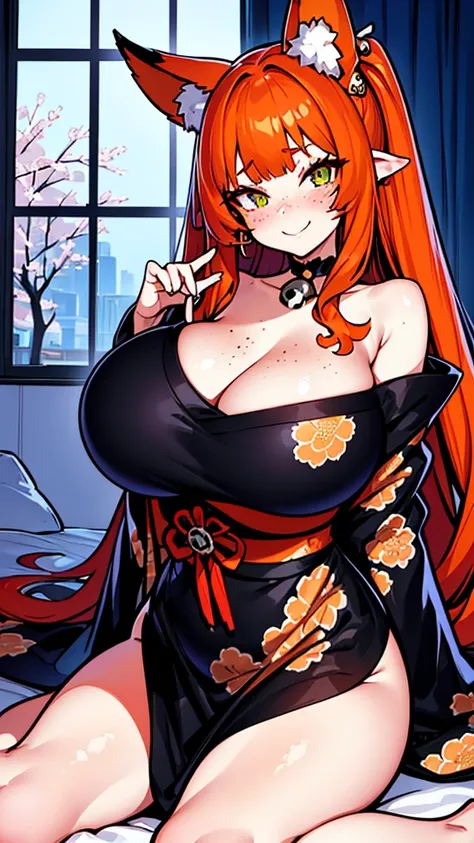 a beautiful and stunning woman with long, wavy orange hair and green eyes, twin volumous ponytails, wearing a black kimono with a red floral print , orange fox ears, lying on the bed with a shy smile, red cheeks and light freckle marks only on her face, de...