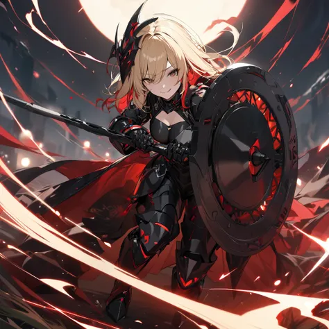 A woman in her 20s, wearing heavy black armor, black metal bracelet, black metal boots, with red details on the armor, short shoulder-length blonde hair, red bangs, smiles, multicolored hair, brown eyes, sadistic smile, face of psychopath, full body, evil ...