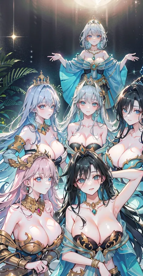 Group of 5 princesses,(6 young women,many young women), (in the bedroom), Various hair styles, harem,(shiny armor, Beautiful crowns and jewelry,crystal filigree jewelry), at night, detailed face, big breasts,Breast curtain, long skirt, mule, Sleeveless , S...