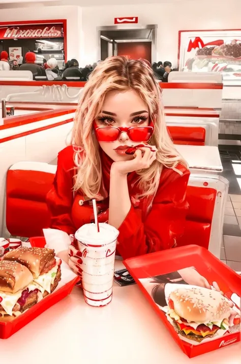 a woman sitting at a table with a tray of food and drink, soda themed girl, wearing a red outfit, wearing red tainted glasses, wearing red clothes, ❤🔥🍄🌪, all red, profile image, eating hamburgers, in a classic restaurant, eating inside McDonalds, Aesthetic...