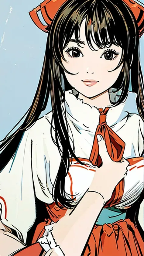 Shrine maiden、Costumes、Upper Body、Black Hair、Hime cut、Simple Background、smile