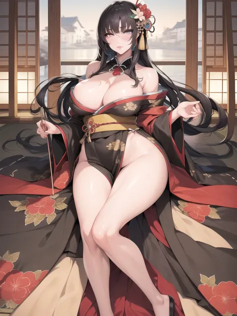 best quality,masterpiece, high res,original, beautiful detailed eyes,ultra-detailed, perfect anatomy,
1girl, solo, full body,
japanese clothes, kimono, white and black kimono,
large breasts, wide hip, mature female,
glamorous body, slender body,
perfect li...