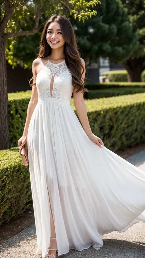 a woman with long hair, simply beautiful, wonderful, perfect with a wonderful smile, long dress