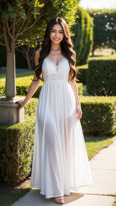 a woman with long hair, simply beautiful, wonderful, perfect with a wonderful smile, long dress