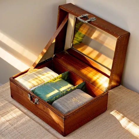 in this cozy room，a ray of sunlight shone through the half-drawn curtains on the table，let the wood grain on the watch storage b...