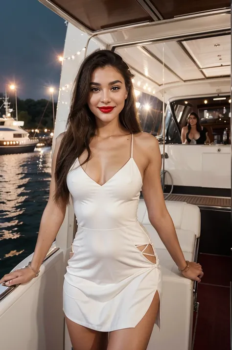 young and modern influencer. She must have delicate facial features, with a contagious and expressive smile, long, well-groomed hair, your clothes a beautiful dress well made up ,with red lipstick at a party ,boat full of people dancing