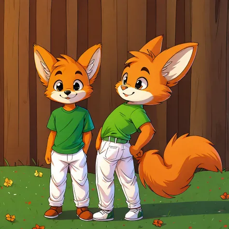 Cute orange furry in green shirt and in a white pants