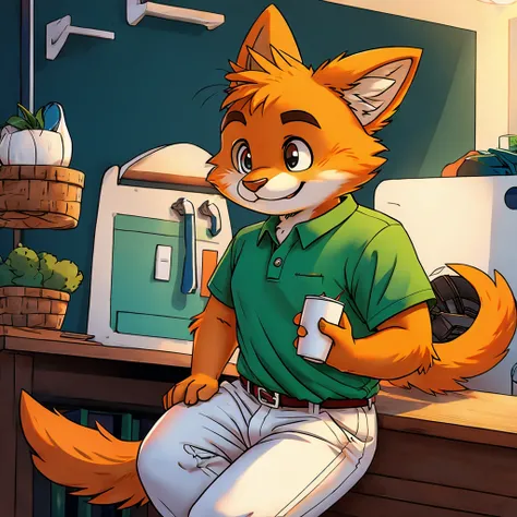 Cute orange furry in green shirt and in a white pants