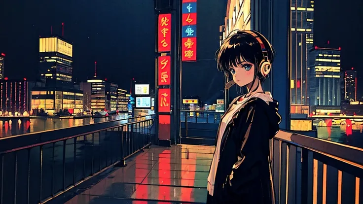 Black short Hair, Black Clothing, One Adult Woman Looking Sideways ,Blue headphones、 City of night, Delicate background、Masterpiece、Night Town、night、dark、Nostalgic、1980s, retro