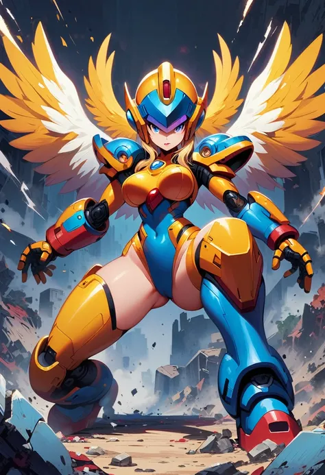 one woman, a female version of Mega man; Full body image, fighting Doctor Dr. Wileys robots; futile scenery, big breasts, youthful face, detailed eyes, very sensual outfit, wearing Mega Man helmet, clothes identical to the 1994 animated series, character, ...