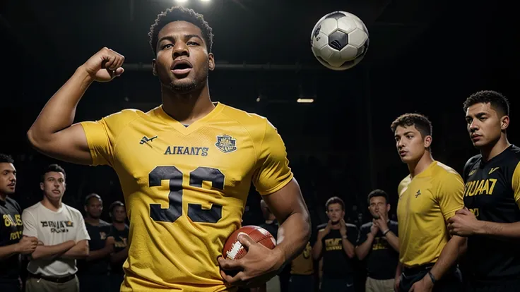 football player in yellow t-shirt looking forwards diagonally with expression of confidence on dark background creating an epic moment of victory