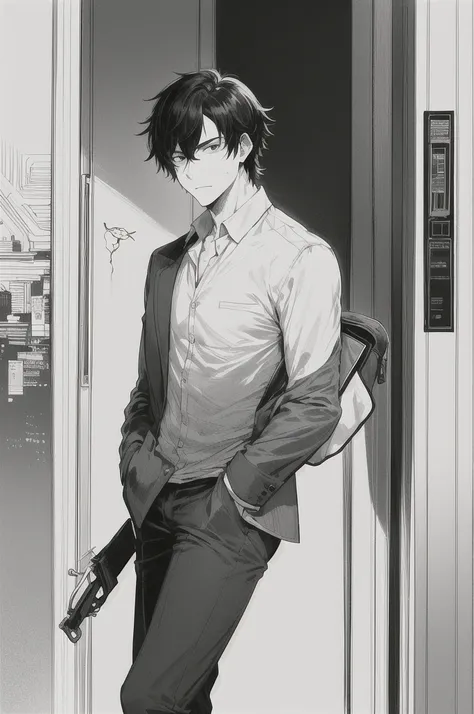 masterpiece, best quality, 1man, uniform, hand in pocket, school bag, black hair, black eyes,  cyberpunk, street,  monochrome, lineart, Santiago is a man of striking presence, with shaggy black hair that falls over her pale skin. Your eyes are deep and int...