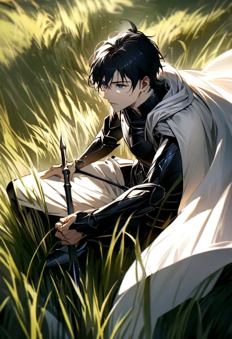 Create an image of a man sitting in a vast field of grass, He has black hair, blue eyes, is white, has an athletic body, wears a white cape and black armor underneath., uses a spear that moves with water manipulation 