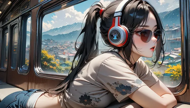 (((8K, Masterpiece, high resolution, highest quality, highest quality real texture skin))), ((wearing Japanese pattern headphones)), (((1 girl))), (((I sat on the train seat and stared out the big window.))), ((sunglasses)), (Japanese pattern Tシャツ, super m...