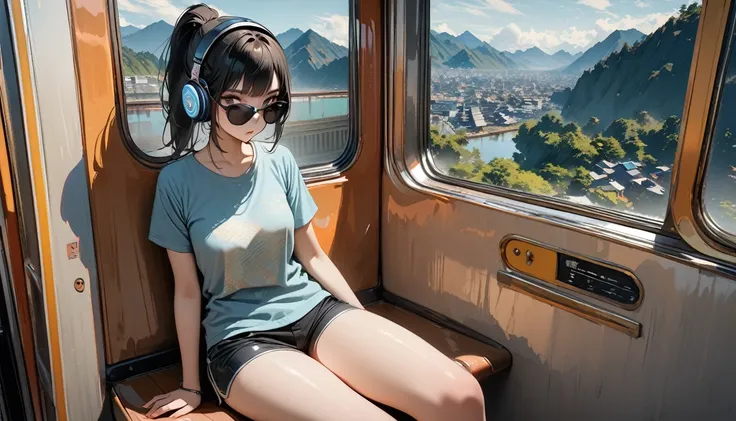 (((8K, Masterpiece, high resolution, highest quality, highest quality real texture skin))), ((wearing Japanese pattern headphones)), (((1 girl))), (((I sat on the train seat and stared out the big window.))), ((sunglasses)), (Japanese pattern Tシャツ, super m...