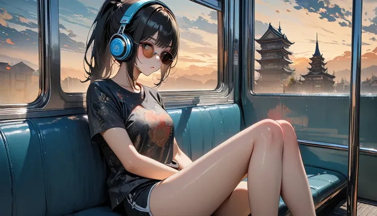 (((8K, Masterpiece, high resolution, highest quality, highest quality real texture skin))), ((wearing Japanese pattern headphones)), (((1 girl))), (((I sat on the train seat and stared out the big window.))), ((sunglasses)), (Japanese pattern Tシャツ, super m...