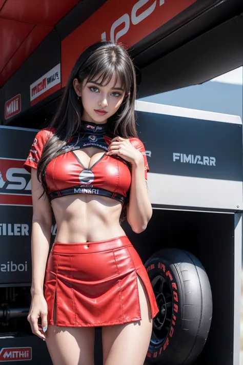 (masterpiece), ( MotoGP Racing Girls), (Eyeliner:0.5),(blush:0.5), Black Hair, A faint smile, Refers to a beautiful and delicate girl, Extremely detailed eyes and face, Beautiful and delicate eyes, , ((MOTOGP events)), (MotoGP track background), (best qual...