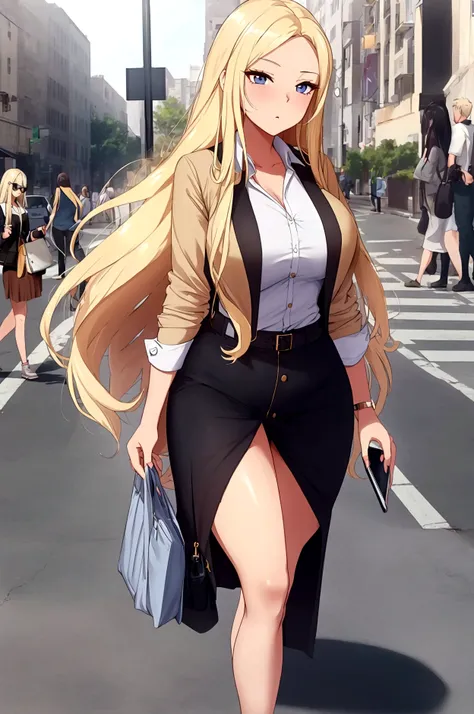 A beautiful high school girl with blonde long hair, she got hourglass body with large chests. She is walking on the street and checking her phone in hand.