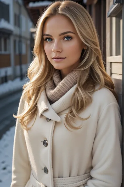 proFessional portrait photograph oF a gorgeous Norwegian girl in winter clothing with long wavy blonde hair, sultry Flirty look, gorgeous symmetrical Face, lindo maquillaje natural, wearing elegant warm winter Fashion clothing, ((parado afuera en una calle...