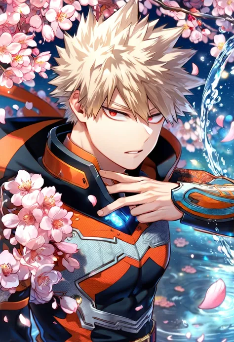 Ultra detailed, highres, absurdres, HDR, master piece, Bakugo Katsuki, ash-blond hair, expressivee red eyes, black hero clothes with patterns, Boku No Hero Academia, fantasy, pink petals, water, pink flowers, handsome, sexy man, solo, magical, best quality...