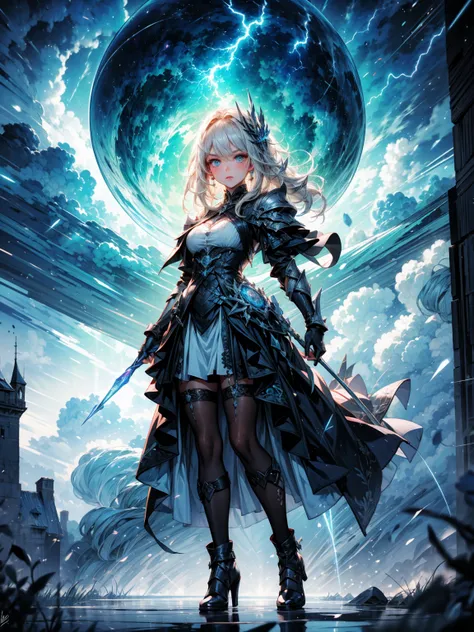 ((full body shot)) of a girl in electrifying, futuristic armor with sleek silver and blue accents, soaring through a stormy, electrified sky. She has short, spiky platinum blonde hair and piercing, electric blue eyes. Her skin has a faint, radiant glow, an...