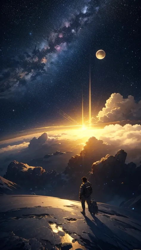 (highly detailed cg unity 8k wallpaper), a man looking up at the night sky, the most beautiful space art panorama, sf universe s...