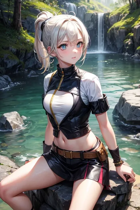 A girl, by white, yellow eye, medium chest, Ponytail hairstyle, adventure theme, sit on the rock,