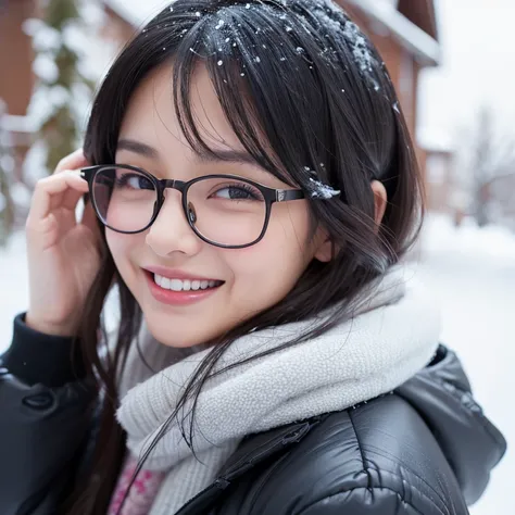 Naturally beautiful girl next door, Over the shoulder shot, Black Hair, snow (Happy, Excited laughter), Photorealistic, Hyperrealism, Highest quality, (Natural Skin Structure, Highly detailed face), masterpiece, Sharp focus、Glasses