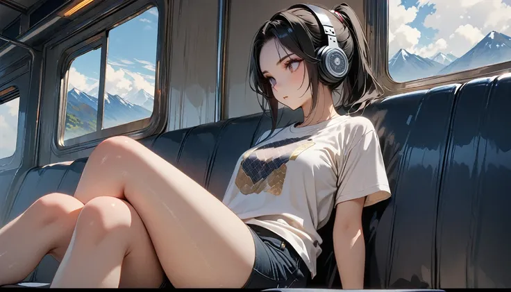 (((8K, Masterpiece, high resolution, highest quality, highest quality real texture skin))), ((wearing Japanese pattern headphones)), (((1 girl))), (((sit in a train seat))), (((Staring out the big window))), ((sunglasses)), (Japanese pattern Tシャツ, super mi...