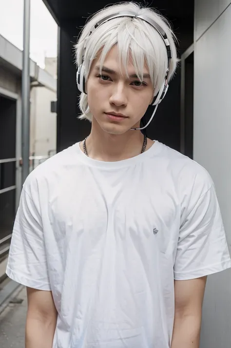 An anime guy with white hair wearing a white t-shirt and a black headset 