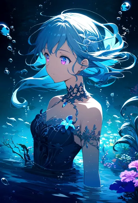 "Calm Night, Girl in the water, Blue Hair, Vivid eyes, Fantasy, Underwater background, anime. Bright colors"