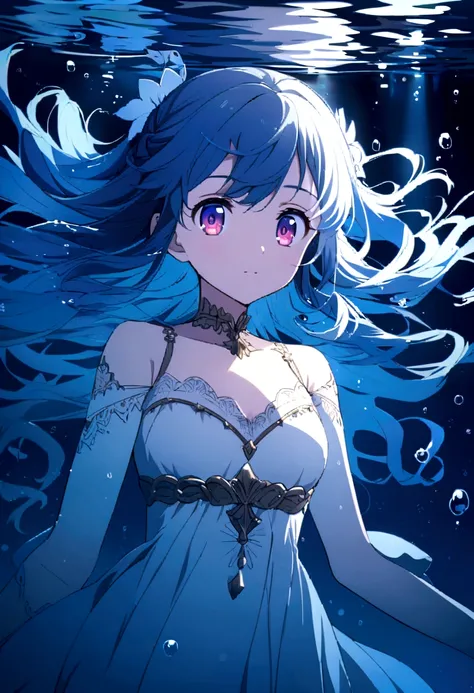 "Calm Night, Girl in the water, Blue Hair, Vivid eyes, Fantasy, Underwater background, anime. Bright colors"