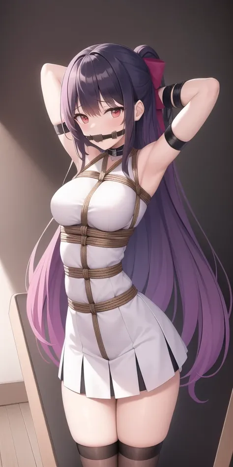 arms behind head, long_hair, looking_at_viewer, thighhighs, bow, bound, bdsm, bondage, rope, restrained, gag, shibari, bound_arms, ball_gag, shibari_over_clothes 