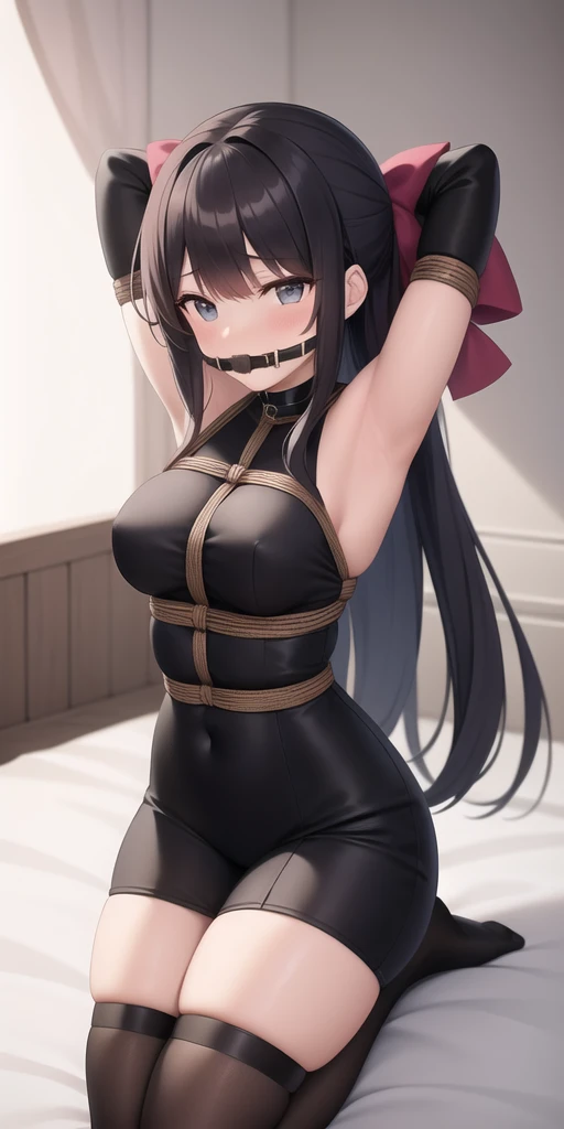 arms behind head, long_hair, looking_at_viewer, thighhighs, bow, bound, bdsm, bondage, rope, restrained, gag, shibari, bound_arms, ball_gag, shibari_over_clothes 