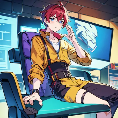 anime styling, Boy sitting on a gaming chair, with money in hands and on the table, behind him a computer, hot weather, vivid colors, cinematic shading, CG anime